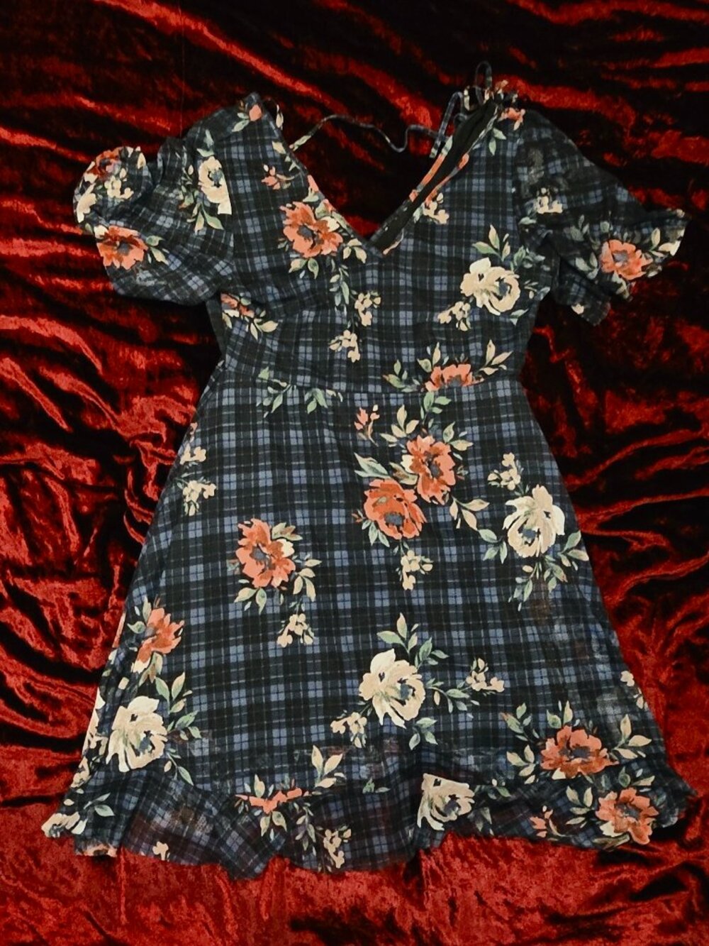 Blue Plaid Floral Puff Sleeve Ruffle Mini Dress Sheer Overlay